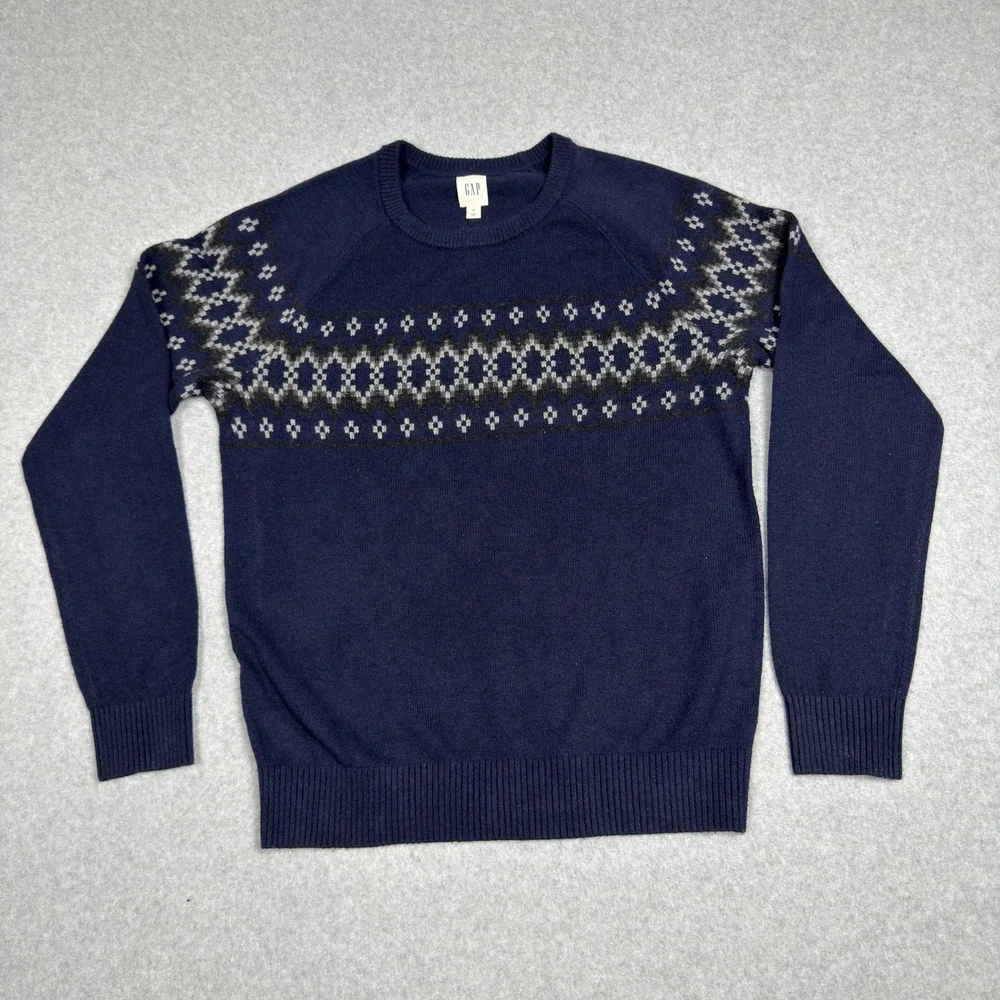 GAP Men Fair Isle Crewneck Sweater Navy Blue Merino Wool Blend Size M Preppy